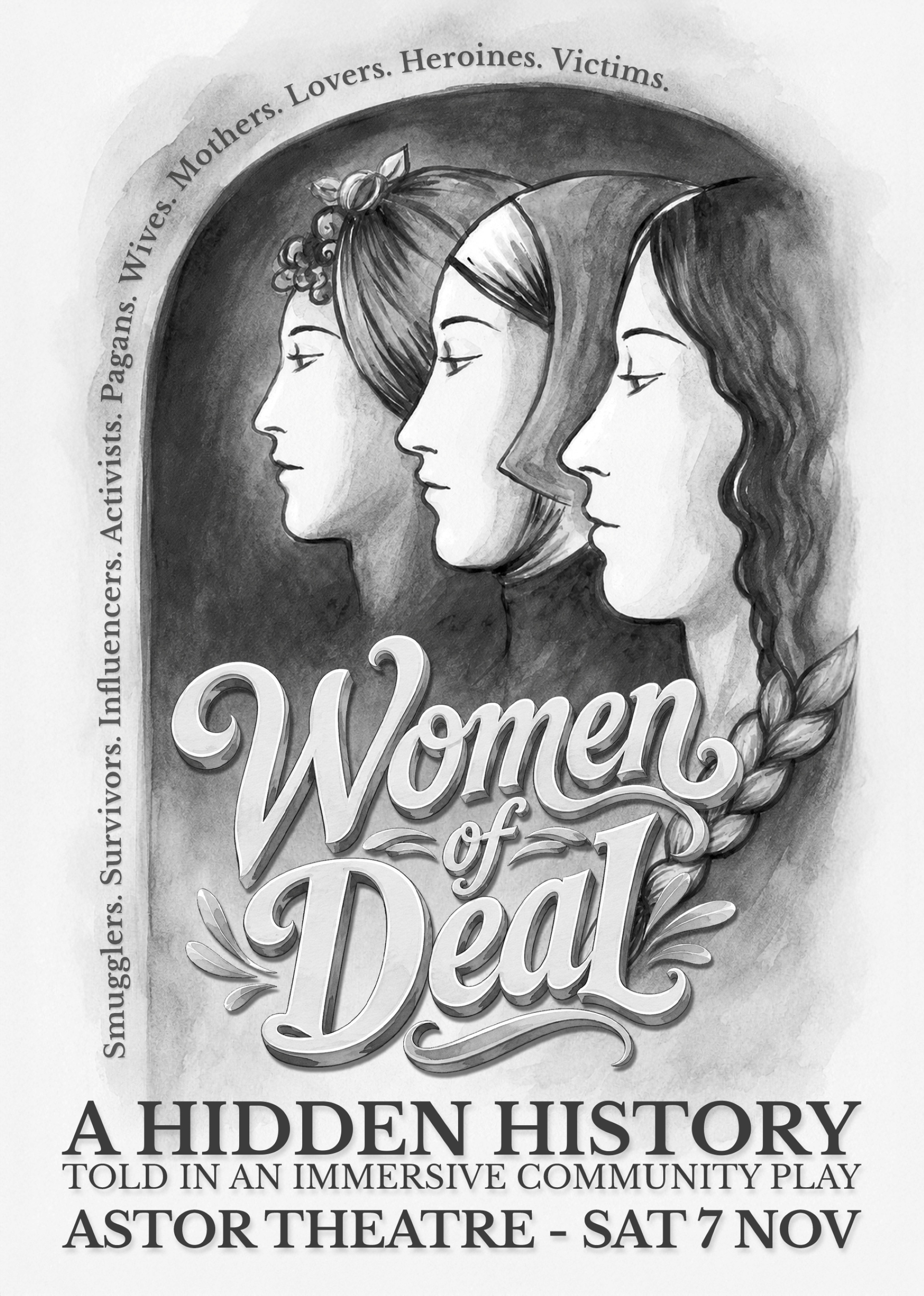 B&W poster showing the profiles of 3 women