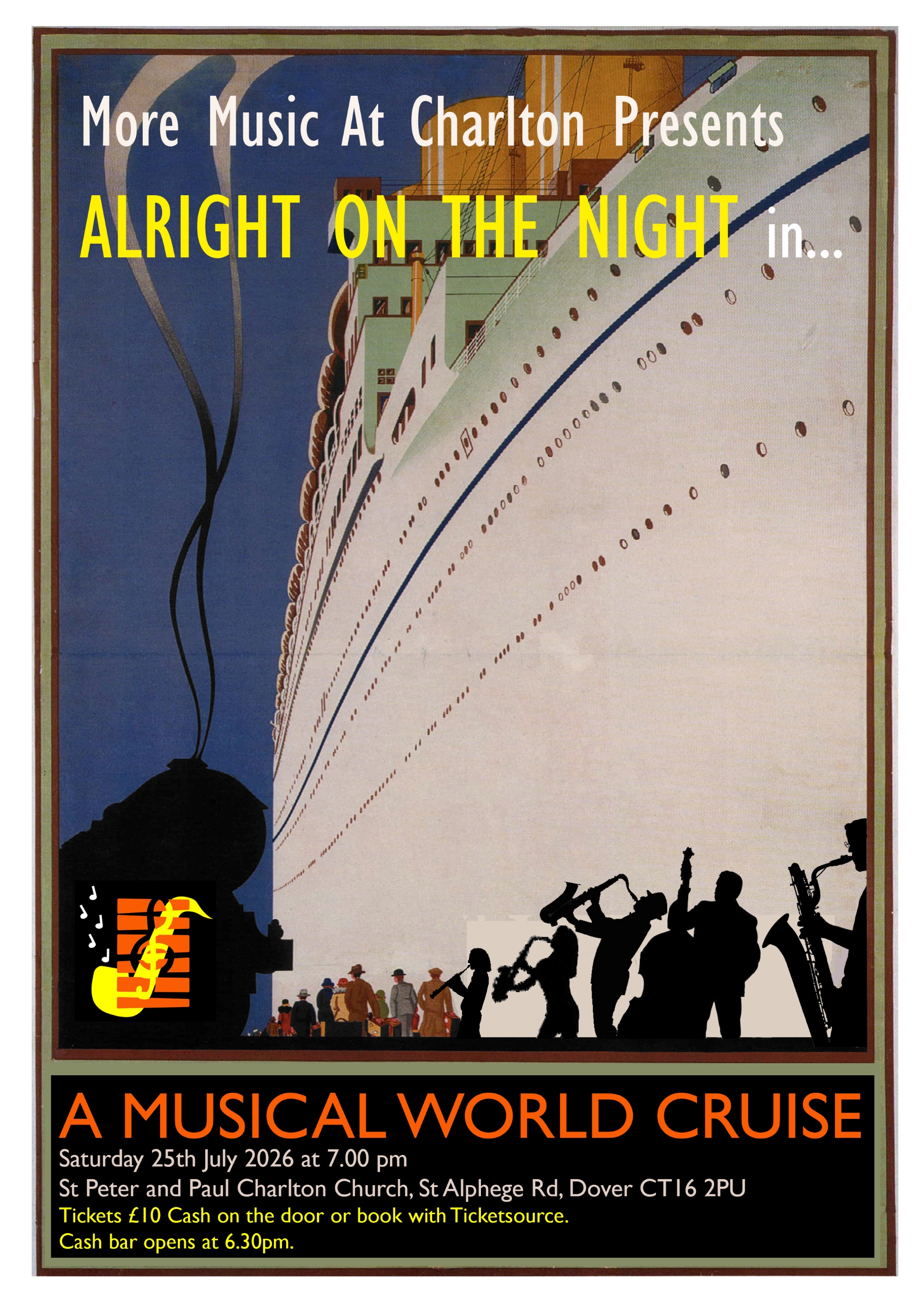 Art Deco poster of a cruise ship with silhouette musicians