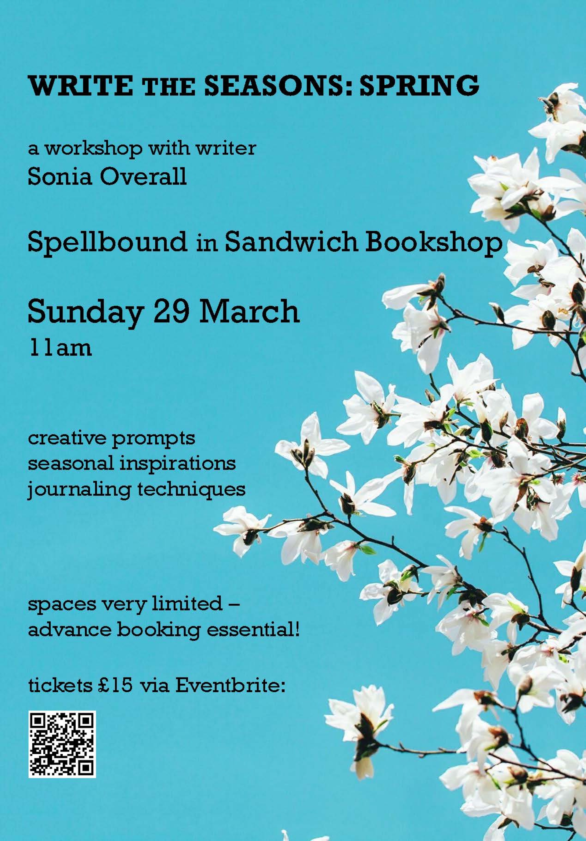 Pale blue background with writing for Write The Seasons : Spring and white flowers.