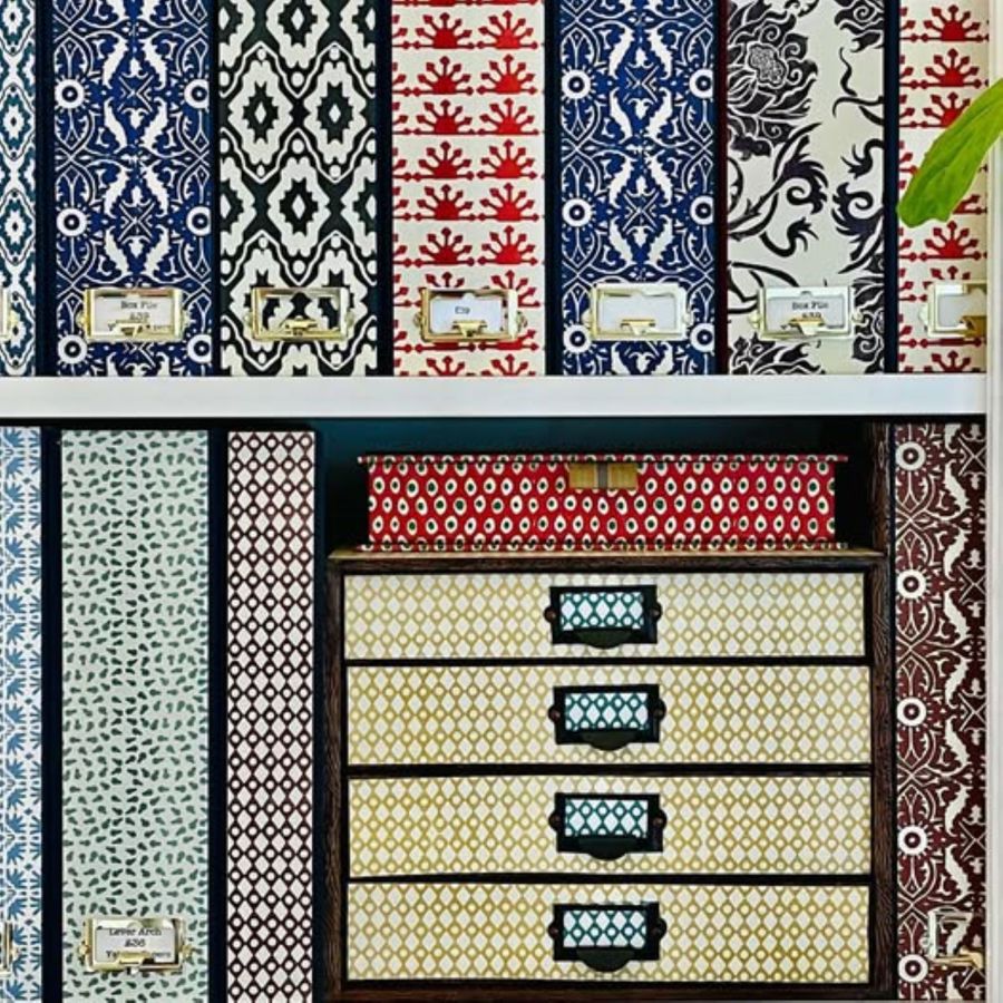 Box files and storage decorated in graphic prints